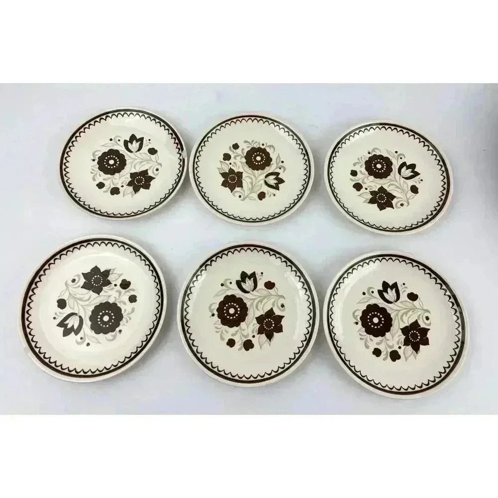 VTG Set‎ of 6 1970's Floral Dessert Plate Brown Tan Flowers 6"